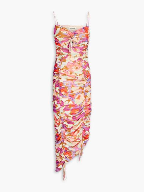 NICHOLAS Ruched printed stretch-mesh midi dress