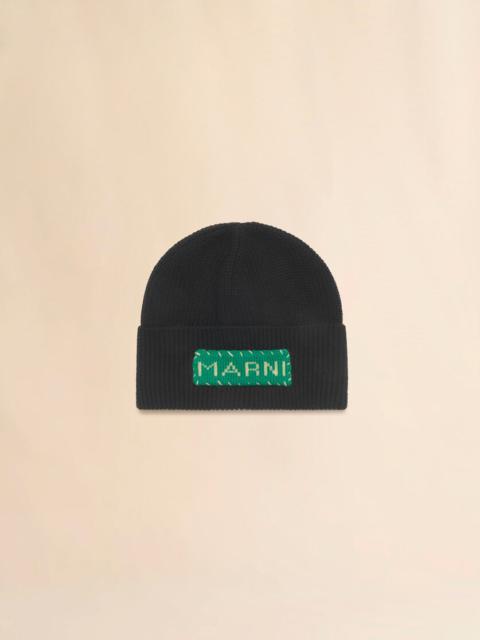 Marni BLACK WOOL FISHERMAN'S RIB BEANIE WITH MARNI PATCH