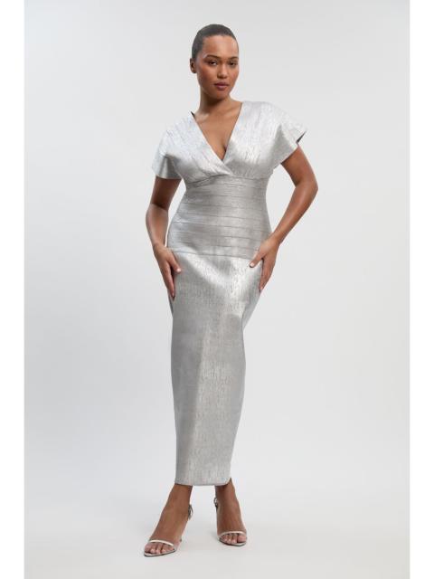 KAREN MILLEN Plus Size Foil Metallic Figure Form Bandage Angel Sleeve Knit Maxi Dress