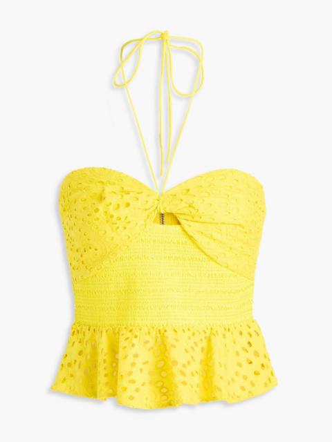 Alice + Olivia Livia broderie anglaise cotton peplum halterneck top