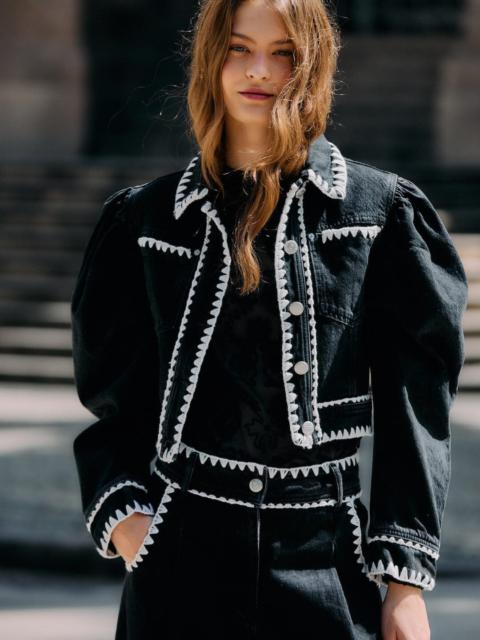 FARM RIO Black Romantic Crochet Embroidery Puff Sleeve Denim Jacket