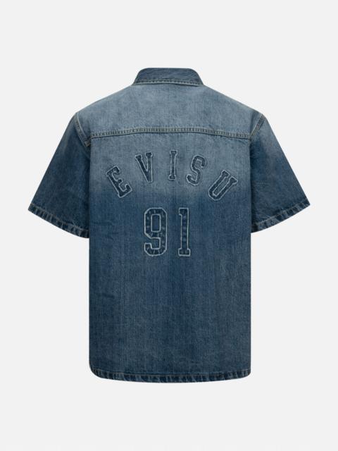 EVISU SEAGULL AND LOGO APPLIQUÉ EMBROIDERY BOXY DENIM SHORT-SLEEVES SHIRT