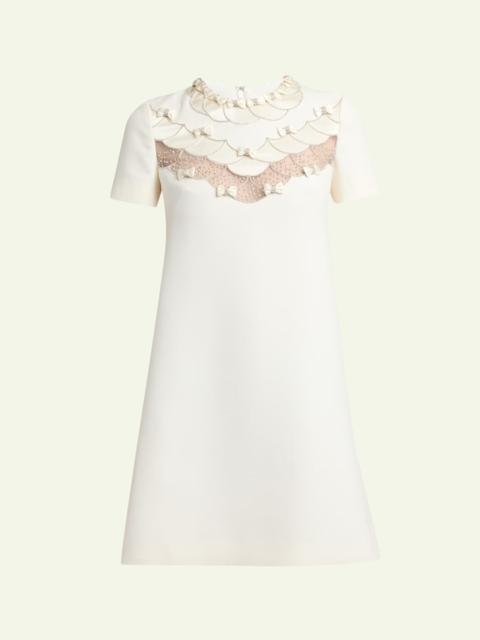 Valentino Crystal Embroidered Scalloped-Inset Short-Sleeve Mini Dress