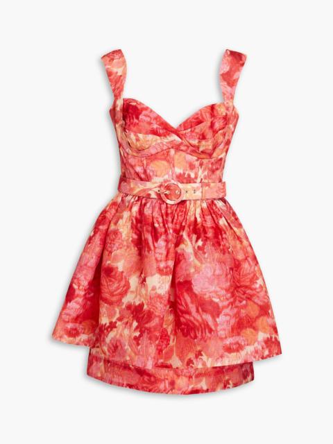 Zimmermann Belted floral-print linen and silk-blend peplum mini dress