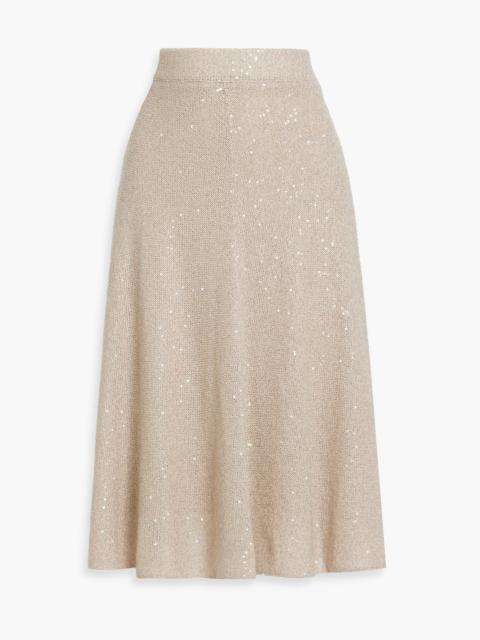 Brunello Cucinelli Sequin-embellished crochet-knit linen, cashmere and silk-blend midi skirt