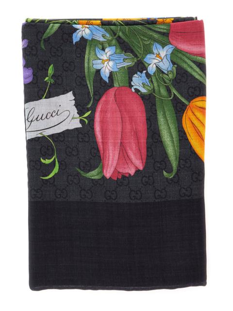 GUCCI Gucci Women Black Scarf With Floral Print And All-Over Gg In Wool And Silk For Women