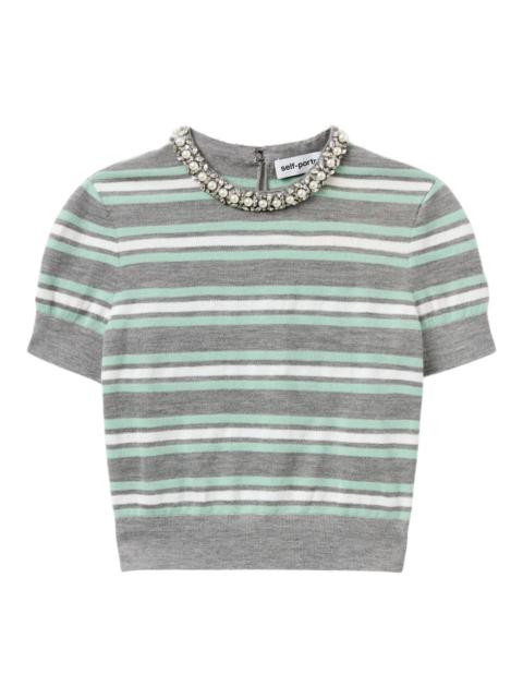 self-portrait Grey Striped Crystal Trim Knit Top