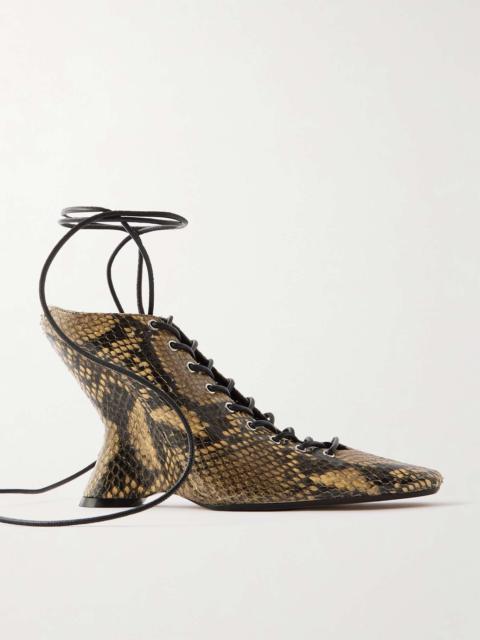 Lace-up snake-effect leather wedge pumps Snake print