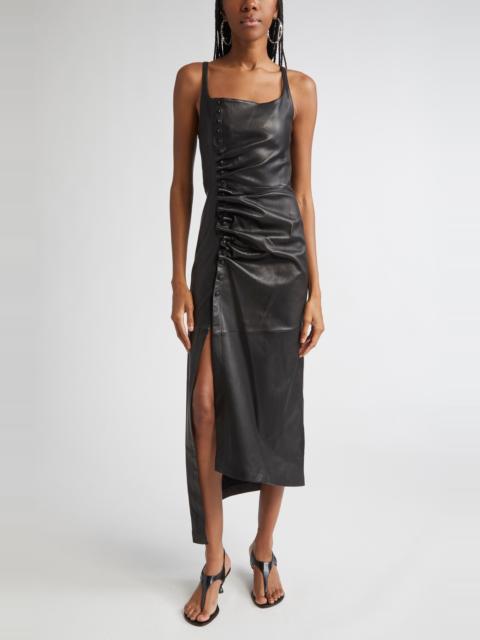 rabanne Rabanne Draped Lambskin Leather Midi Dress in Black at Nordstrom
