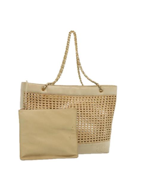 CHANEL Coco Mark Chain Tote Bag Straw Leather Beige Gold CC