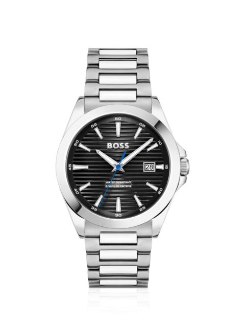 BOSS SILVER-TONE WATCH WITH BLACK GROOVED DIAL