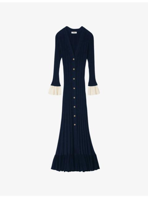 Sandro V-neck contrast-cuff knitted midi dress