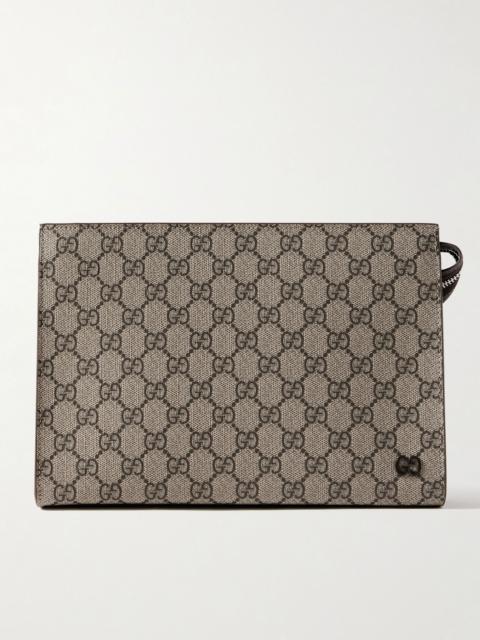 GUCCI Leather-Trimmed Monogrammed Coated-Canvas Pouch Beige