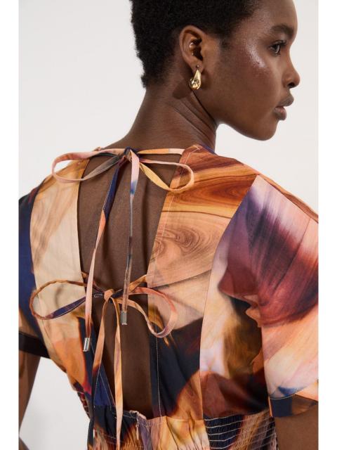 KAREN MILLEN Shirred Cotton Printed Woven Plunge Neck Short Sleeve Top