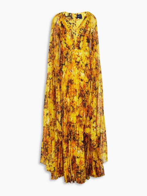 Other Designers Cape-effect pleated floral-print chiffon gown