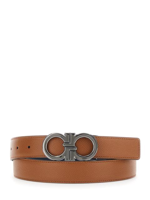 FERRAGAMO Ferragamo Men Beige Reversible Belt With Gancini Buckle In Hammered Leather Man