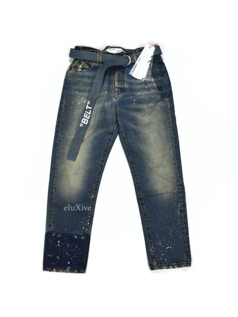Off-White Blue Distressed Paint Splatter Belted Denim Jeans