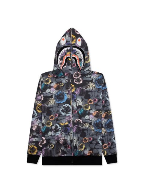 A BATHING APE® FLORAL CAMO SHARK RELAXED FIT FULL ZIP HOODIE - BLACK
