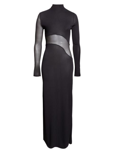 Alaïa Alaïa Mesh Inset Long Sleeve Jersey Dress in Noir Alaia at Nordstrom