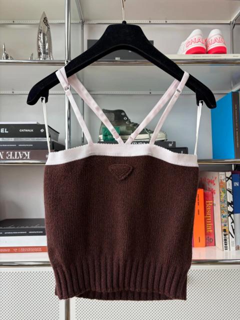 Prada PRADA Dark Brown Slim Fit Ribbed Knit Camisole with Triangle Logo Hem
