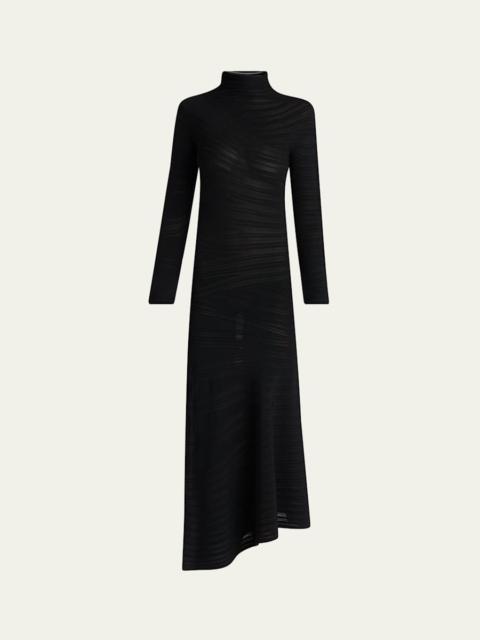 GIORGIO ARMANI Asymmetric Tonal Striped Jersey Mock-Neck Midi Dress