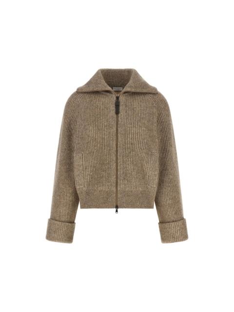 Brunello Cucinelli BRUNELLO CUCINELLI Beige Shiny Zipper Pull Cardigan New (Wom