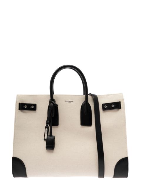 SAINT LAURENT Saint Laurent Men 'Sac De Jour L' Beige Tote Bag With Brass Padlock In Canvas And Leather Man