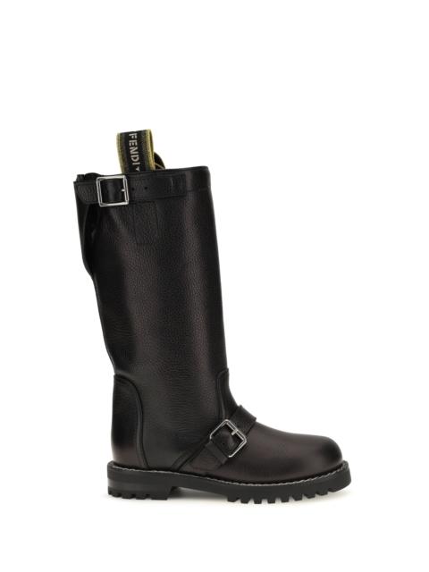 FENDI Fendi Glossy Calfskin Biker Boots Black Women