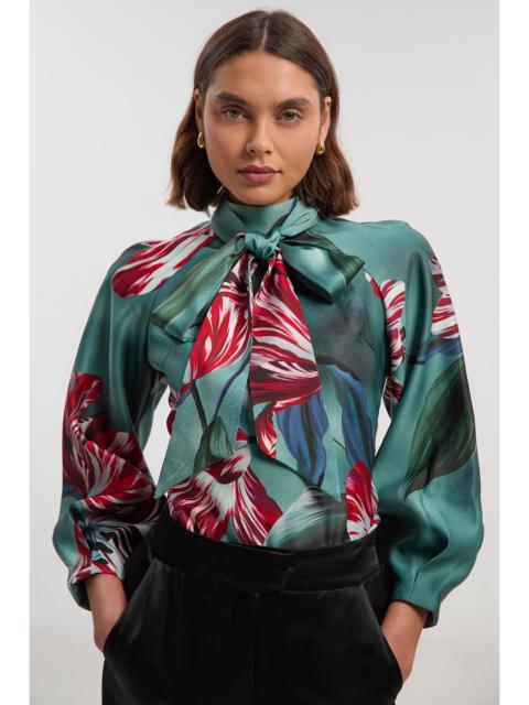 KAREN MILLEN Photographic Floral Heavy Satin Balloon Sleeve Woven Blouse