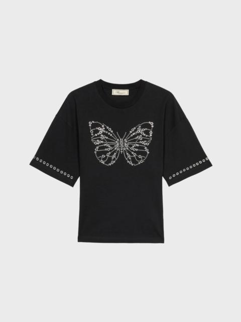 Blumarine T-SHIRT WITH EMBROIDERED BUTTERFLY IN STUDS AND EYELETS