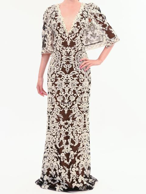 Marchesa MIRRORED FLORAL CAPE SLEEVE GOWN