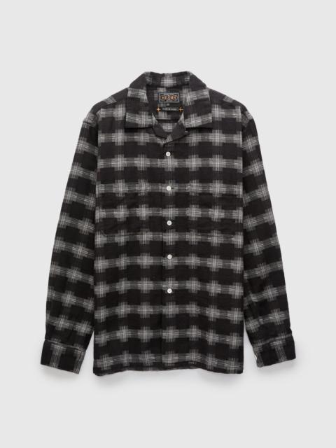 BEAMS PLUS Brushed Satin Plaid Open Collar Shirt in Black