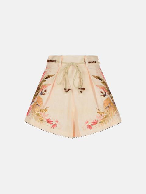 Zimmermann 'TUCK' LINEN PLEATED SHORTS IN 'CREAM PALM FLORAL' COLOR