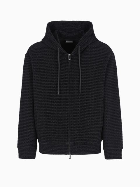 EMPORIO ARMANI Double-jersey hooded zip-up sweatshirt with all-over flocked lettering