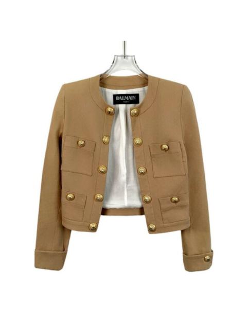 Balmain Womens Cropped Tan Jacket With Gold Lion Buttons & Pockets
