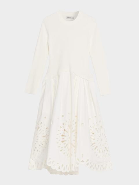 SIMKHAI Daila Eyelet-Embroidered Mixed Media Midi Dress