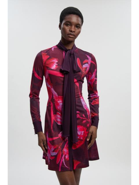 KAREN MILLEN Floral Print Crepe Tie Neck Long Sleeve Mini Dress