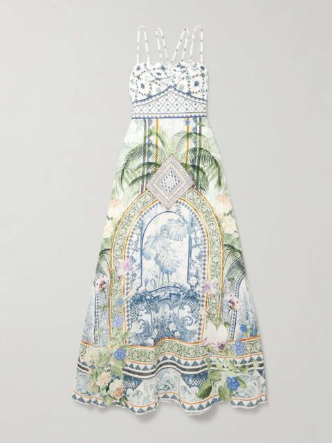 Jardim Party crystal-embellished printed linen and silk-blend maxi dress White