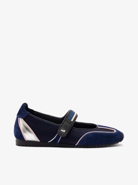 Larroudé Devon Ballet Flat In Navy Suede, Black Mesh and Silver Metallic Leather