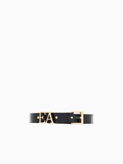 EMPORIO ARMANI LEATHER BELT WITH CROCODILE-PRINT FINISH AND CONTOURED EA BUCKLE