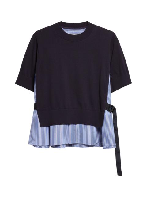sacai Sacai Mixed Media Poplin & Knit Sweater in Navy/Blue Stripe at Nordstrom