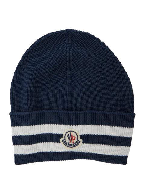 Moncler Moncler Men Blue Ribbed Beanie With Logo Patch On Front In Cotton Blend Man