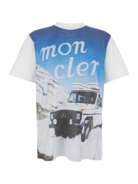Moncler Moncler Genius Men White Crewneck T-Shirt With Logoed Motif And Car Print In Cotton Jersey Man