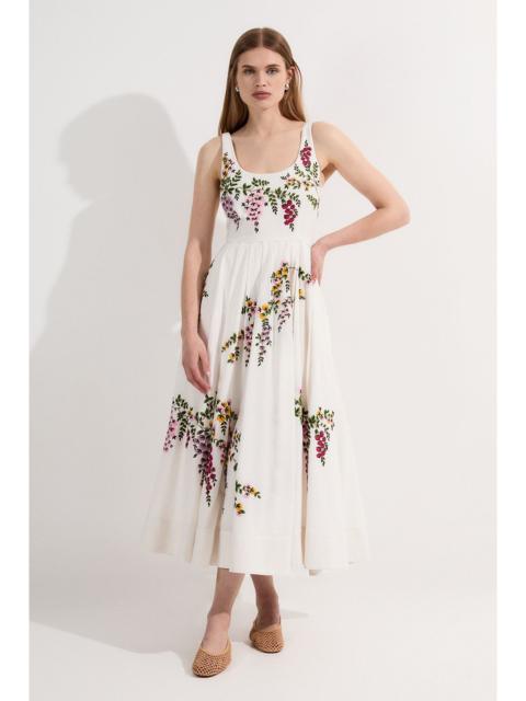 KAREN MILLEN Petite Floral Embroidered Cotton Linen Woven Prom Dress