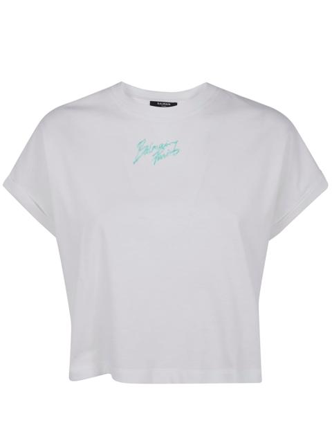 Balmain Balmain Women Short Sleeves "Balmain Paris" Cropped T-Shirt