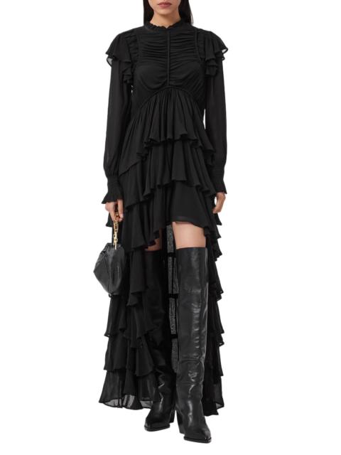ALLSAINTS AllSaints Leila Layered Ruffle Long Sleeve High-Low Maxi Dress in Black at Nordstrom