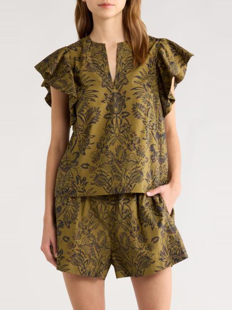 ULLA JOHNSON Ulla Johnson Severine Floral Cotton Flutter Sleeve Top in Olive Flora at Nordstrom