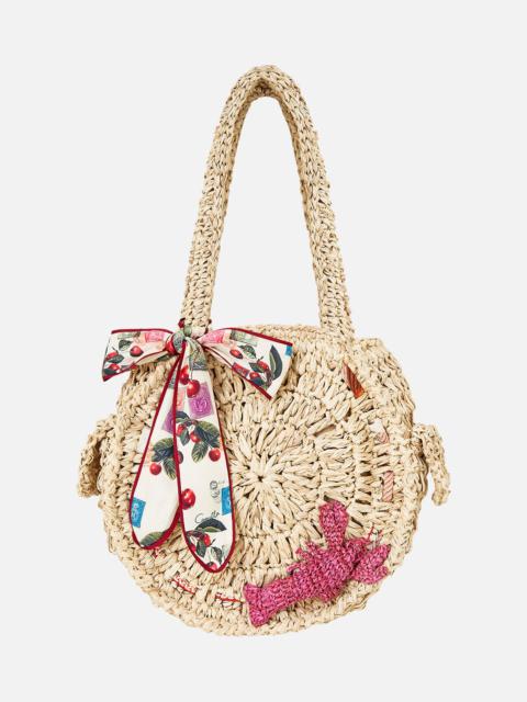 CAMILLA RAFFIA ROUND SHOULDER BAG WITH SCARF BOW