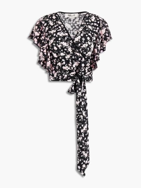 DIANE VON FURSTENBERG Cailey cropped paneled floral-print crepe de chine and broderie anglaise cotton wrap top