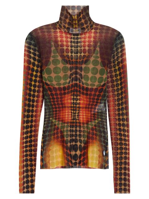 Jean Paul Gaultier Jean Paul Gaultier Re-Edition Polka Dot Trompe l'Oeil Long Sleeve Mesh Top in Orange/Blue/Brown at N